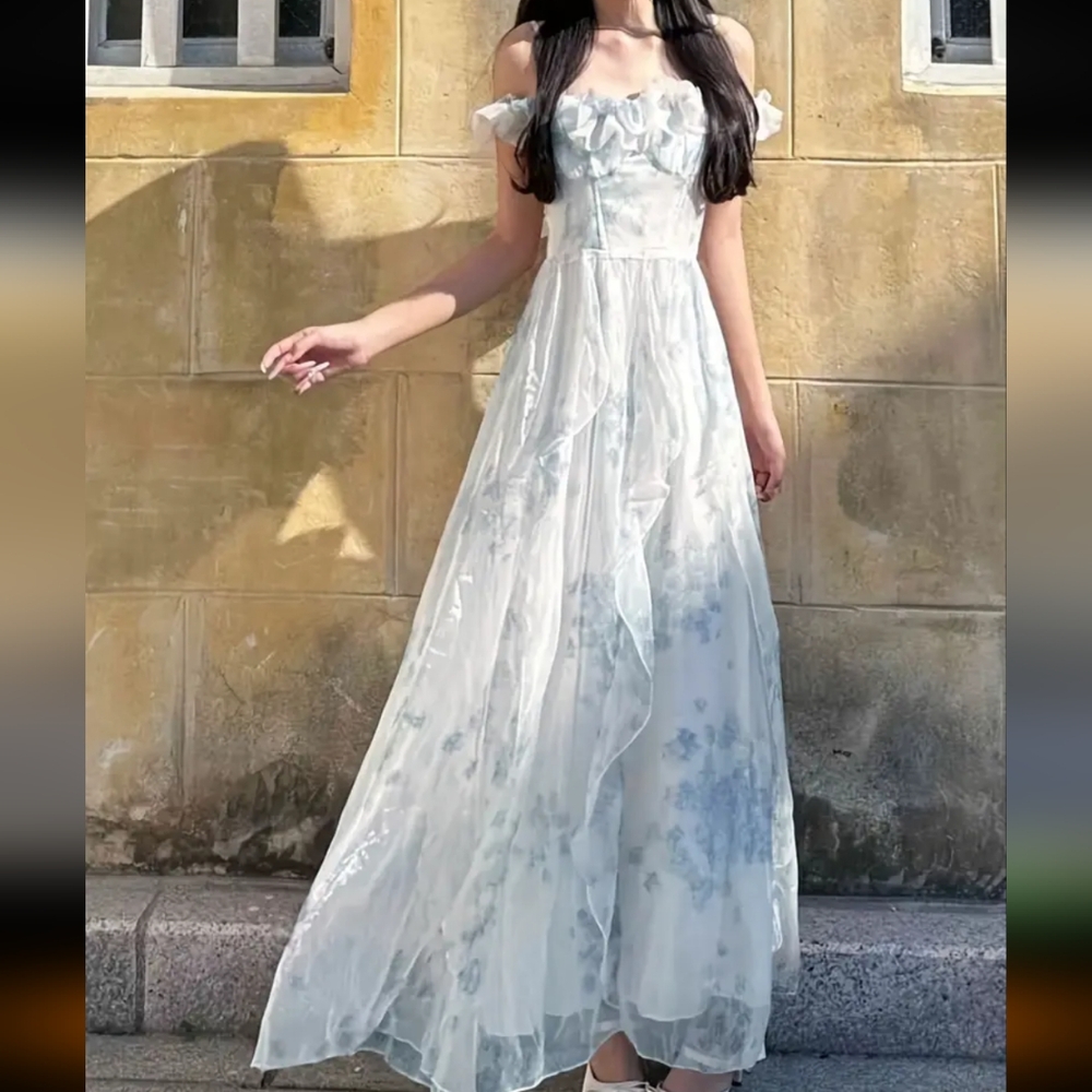 Size M Elegant Off-Shoulder Floral Maxi Dress with Ruffle Hem - Picture 16 of 16